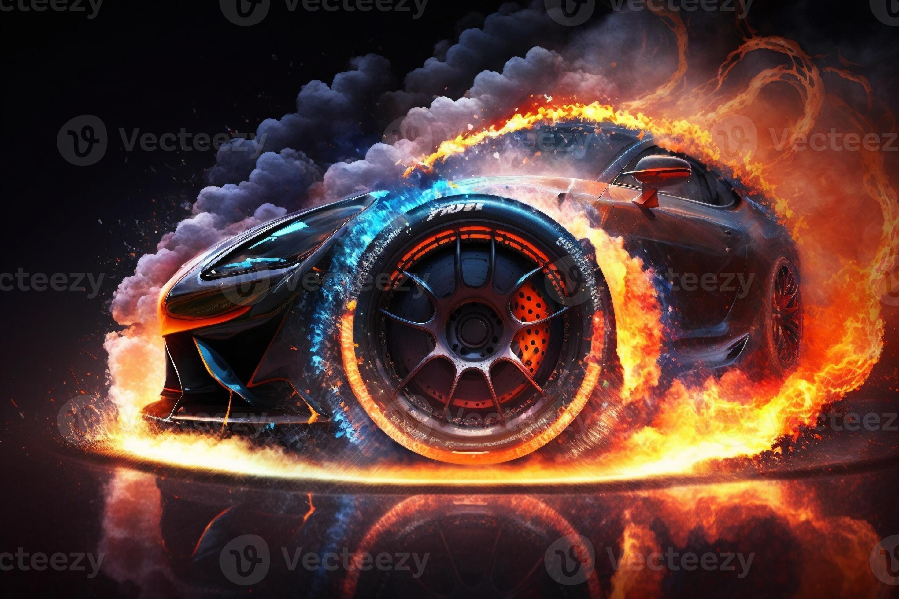 3D Rendering , Sport Car Racing On Race Track With Fire Burning