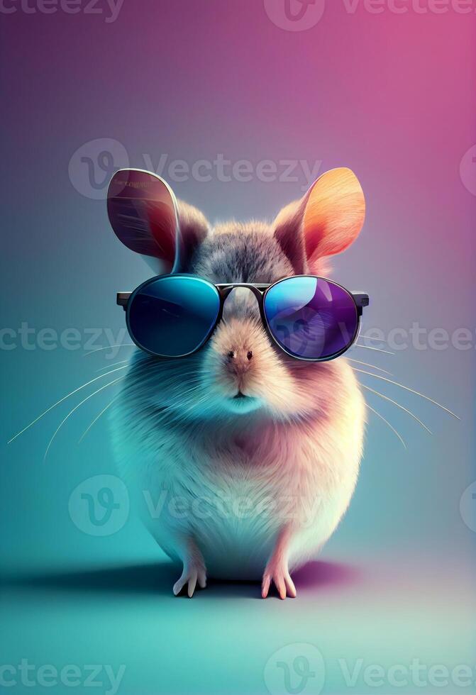 Creative animal composition. Mouse wearing shades sunglass eyeglass isolated. Pastel gradient background. With text copy space. Generate Ai photo