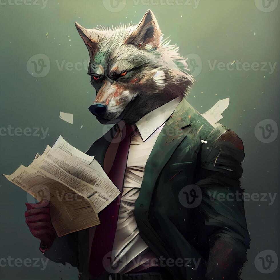 lobo en traje en furia, él lágrimas hojas de papel, enojado jefe . generar ai foto