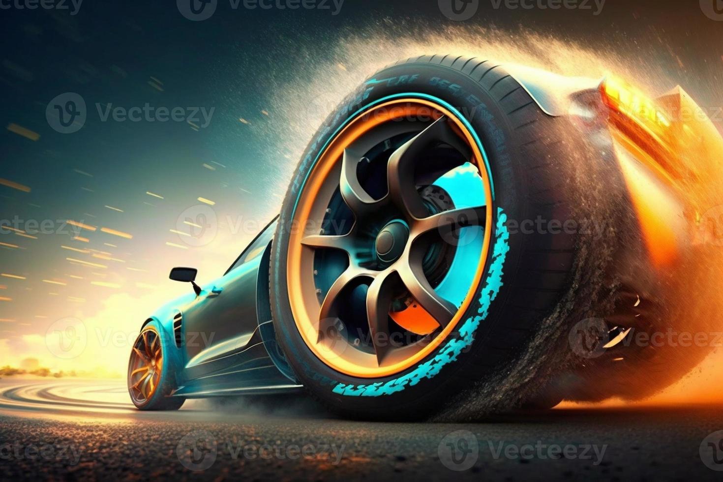 3D rendering , Sport Car Raceing on race track , Car wheel drifting.Generate Ai photo