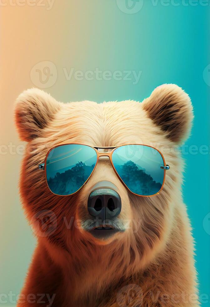 Creative animal composition. Bear wearing shades sunglass eyeglass isolated. Pastel gradient background. With text copy space. Generate Ai photo