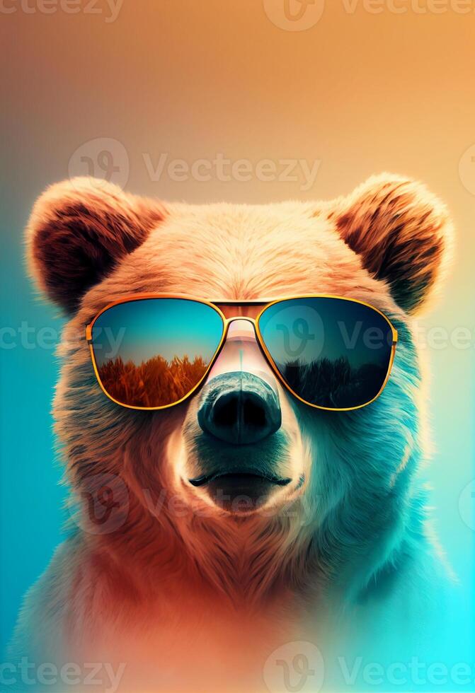 Creative animal composition. Bear wearing shades sunglass eyeglass isolated. Pastel gradient background. With text copy space. Generate Ai photo