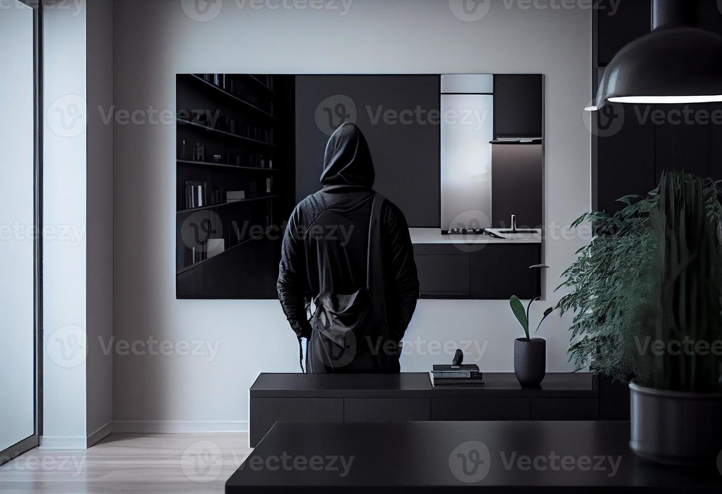 un ladrón vestido en todas negro soportes con su espalda a el cámara en un moderno departamento. generar ai foto