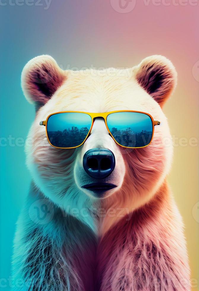 Creative animal composition. Bear wearing shades sunglass eyeglass isolated. Pastel gradient background. With text copy space. Generate Ai photo