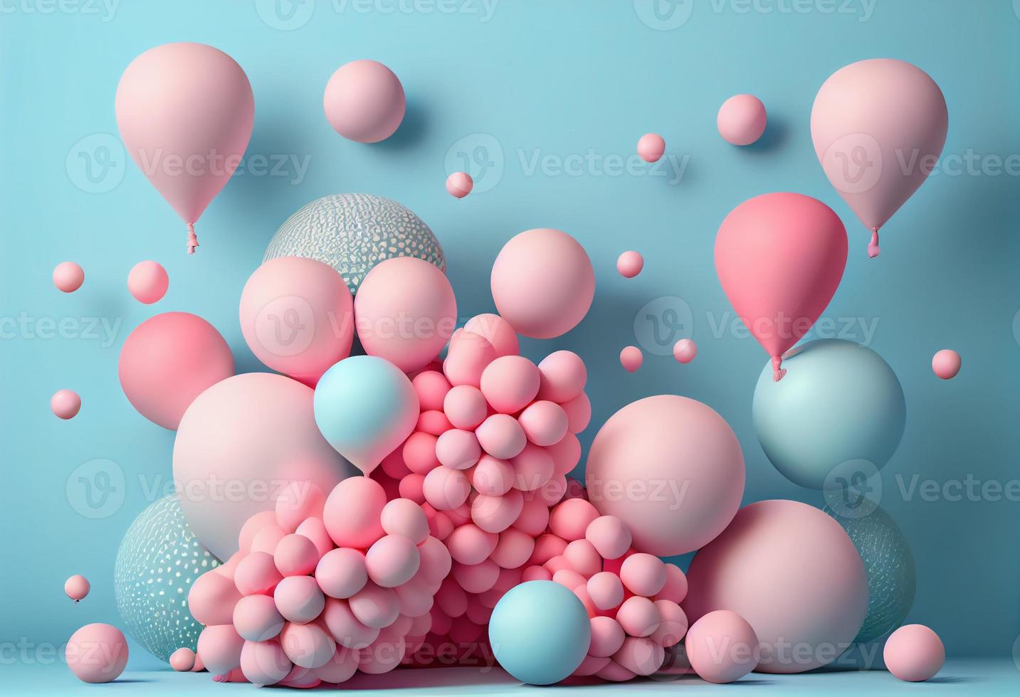 Pink balloons on a pastel blue background. 3d render illustration. Generate Ai photo