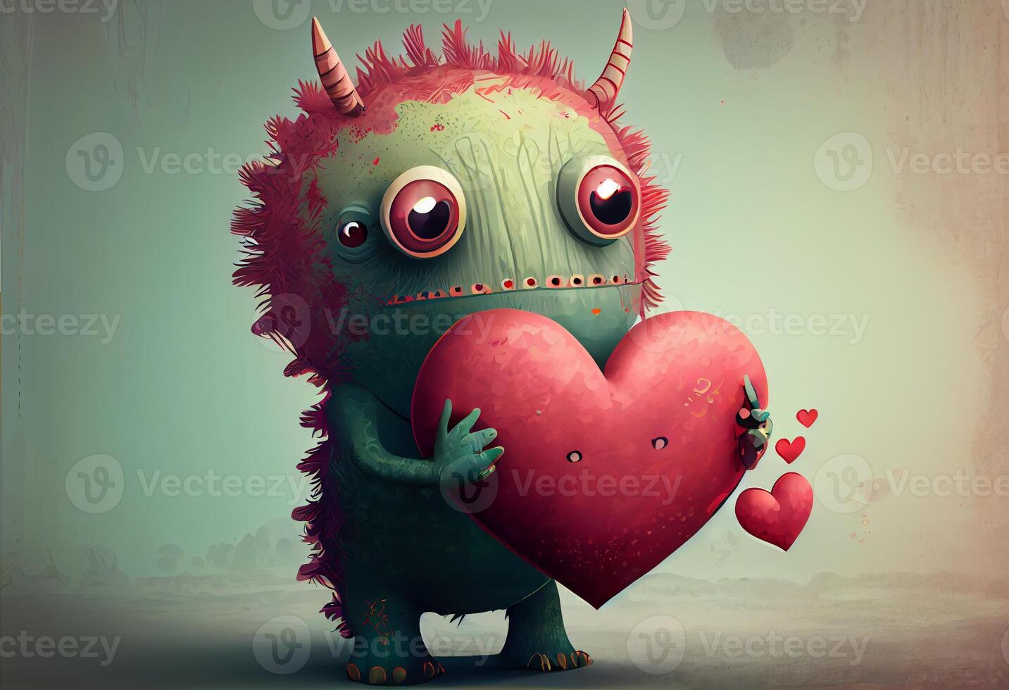 Cute love monster with heart, illustrations. Generate Ai photo