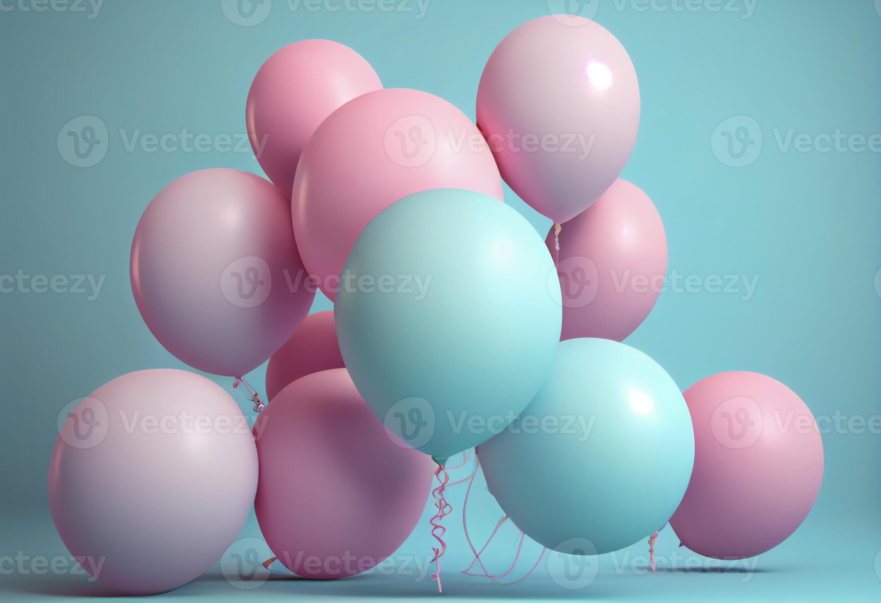 Pink balloons on a pastel blue background. 3d render illustration