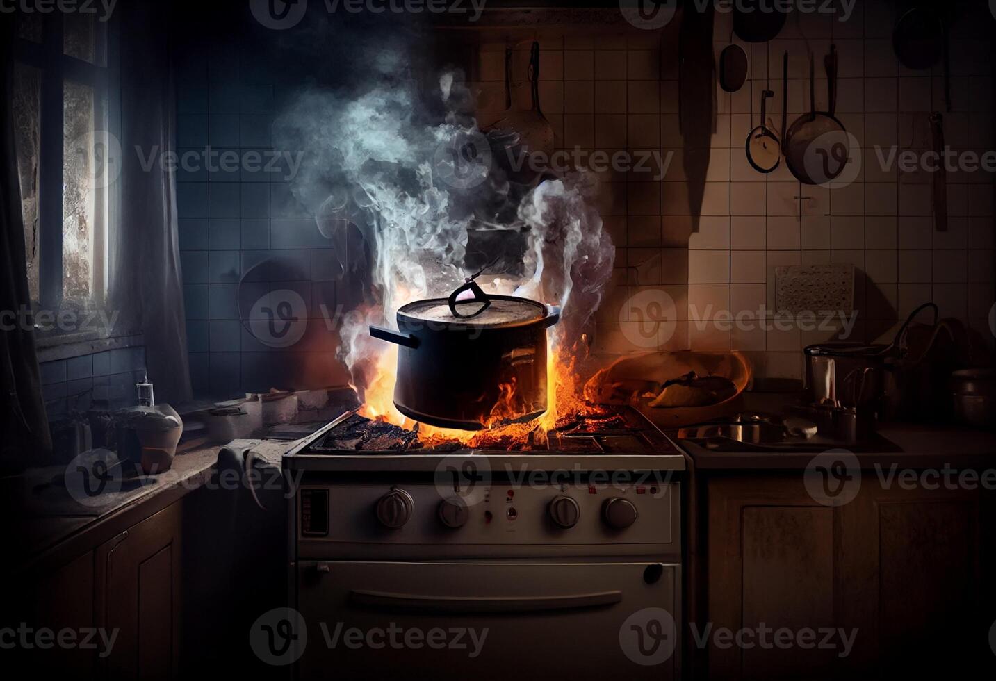 Stove ignited in the modern kitchen during cooking, smoke and soot around, fire at home. Generate Ai photo