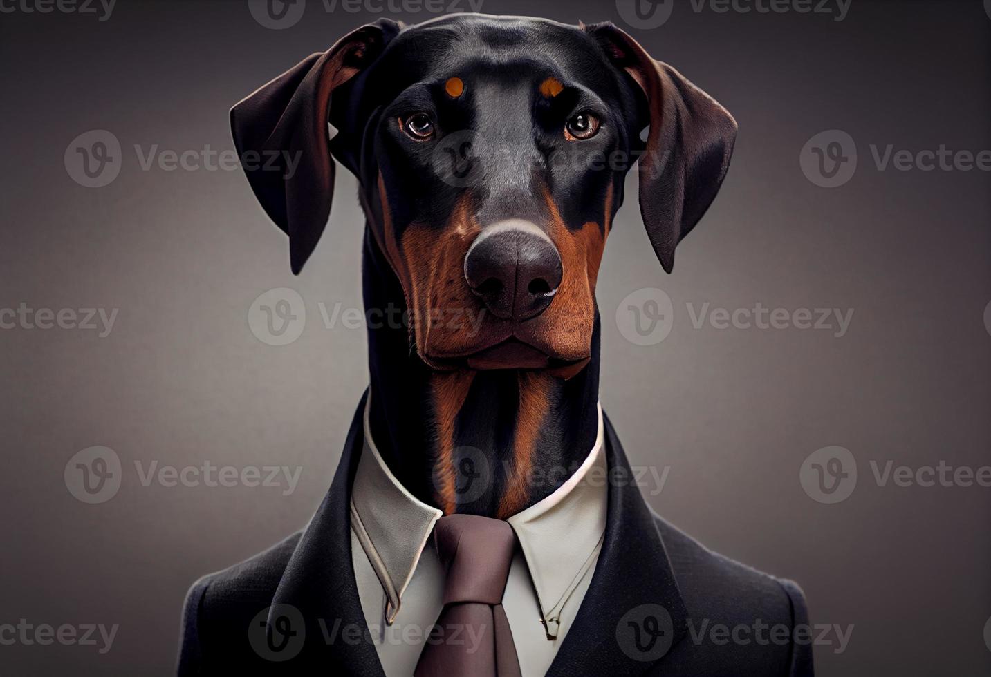 Portrait of a dog Dobermann dressed in a formal business suit. Generate Ai photo