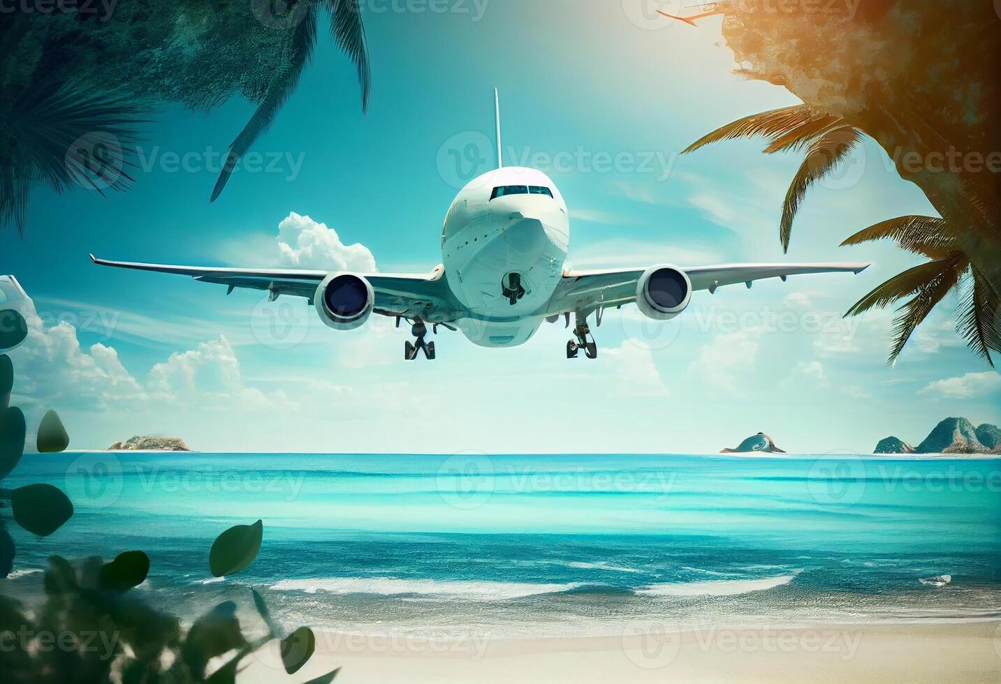 Airplane flying above tropical sea beach , Theme of travel in summer trip , Vacation weekend and tourism.Generate Ai photo