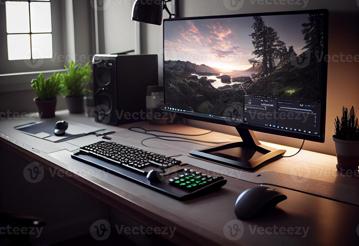 Shot of a Desktop computer and keyboard and mouse in the Creative Modern Office.Generate Ai photo