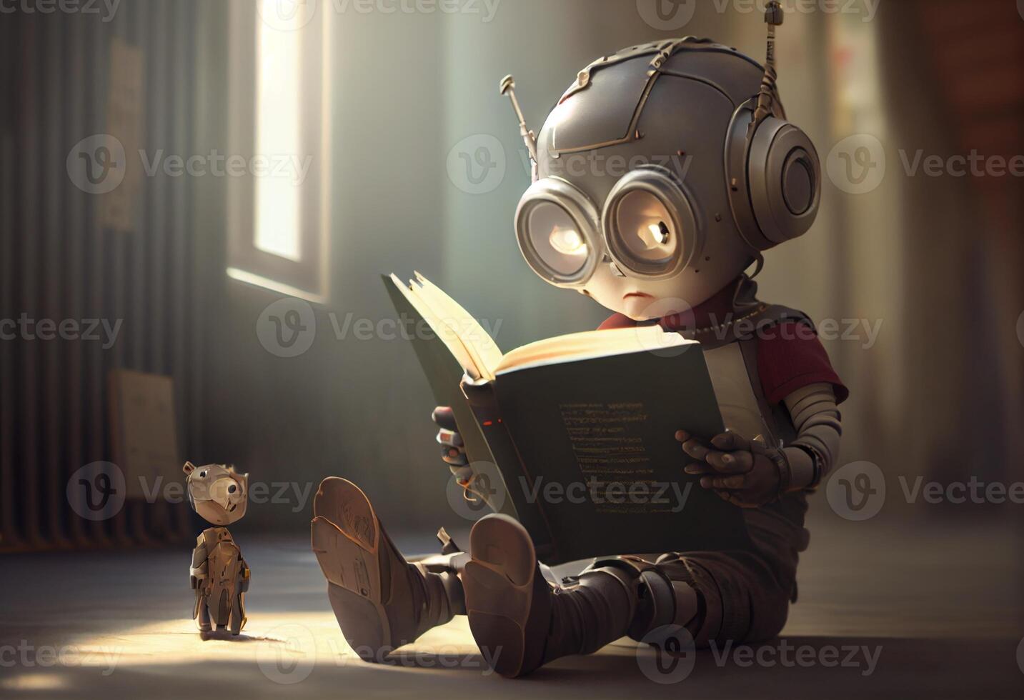 Robot child reading a book , Robot education a book. Generate Ai photo