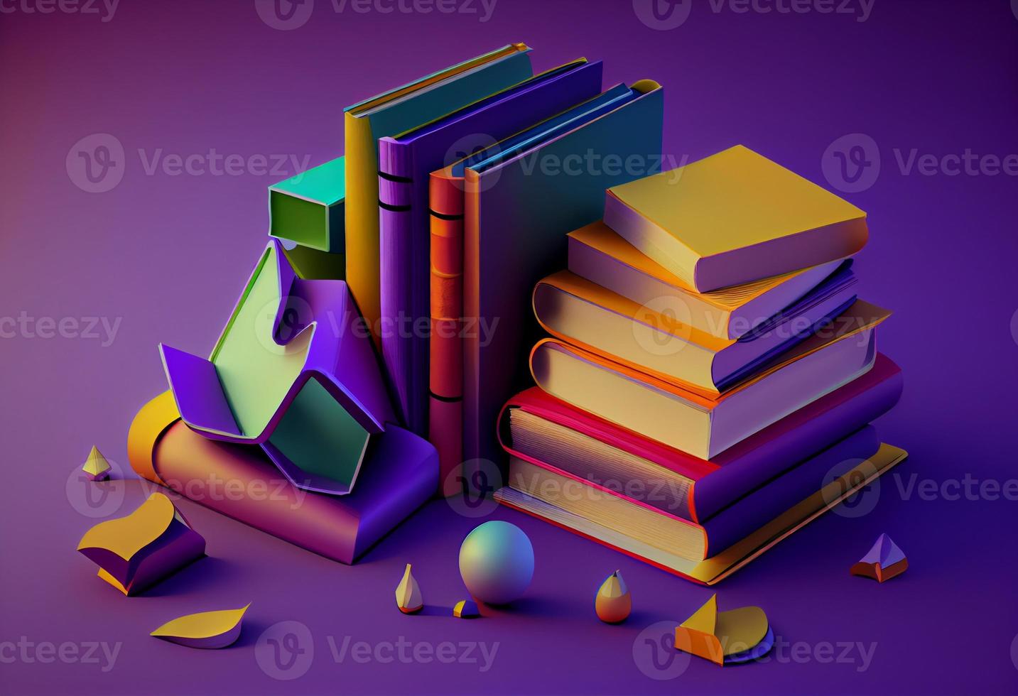 3d render of colorful books collection on purple background. Generate Ai photo