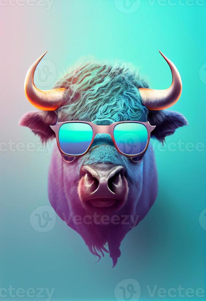 Creative animal composition. Buffalo wearing shades sunglass eyeglass isolated. Pastel gradient background. With text copy space. Generate Ai photo