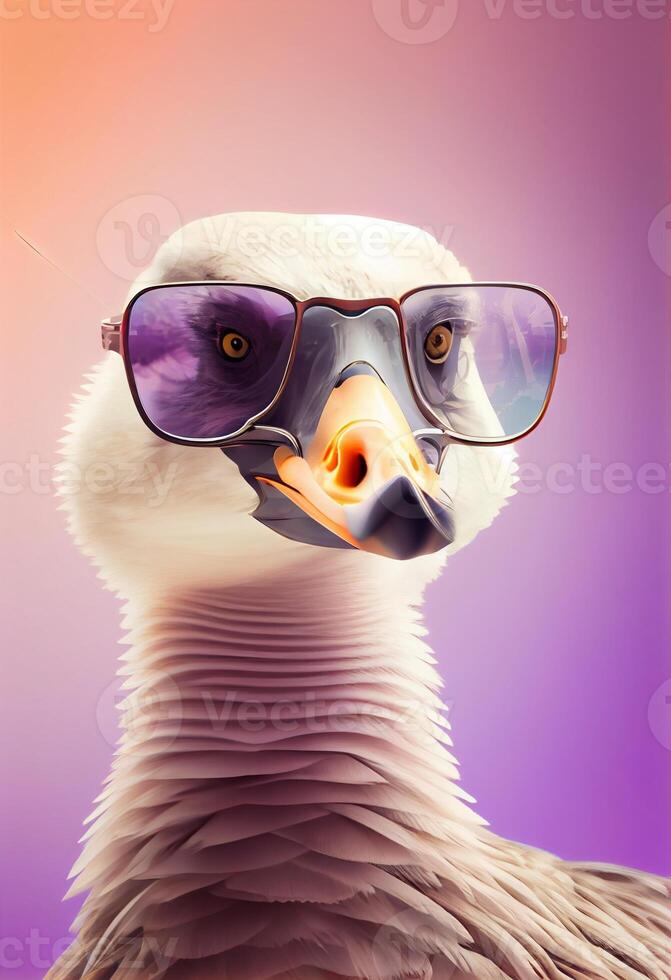 Creative animal composition. Goose wearing shades sunglass eyeglass isolated. Pastel gradient background. With text copy space. Generate Ai photo