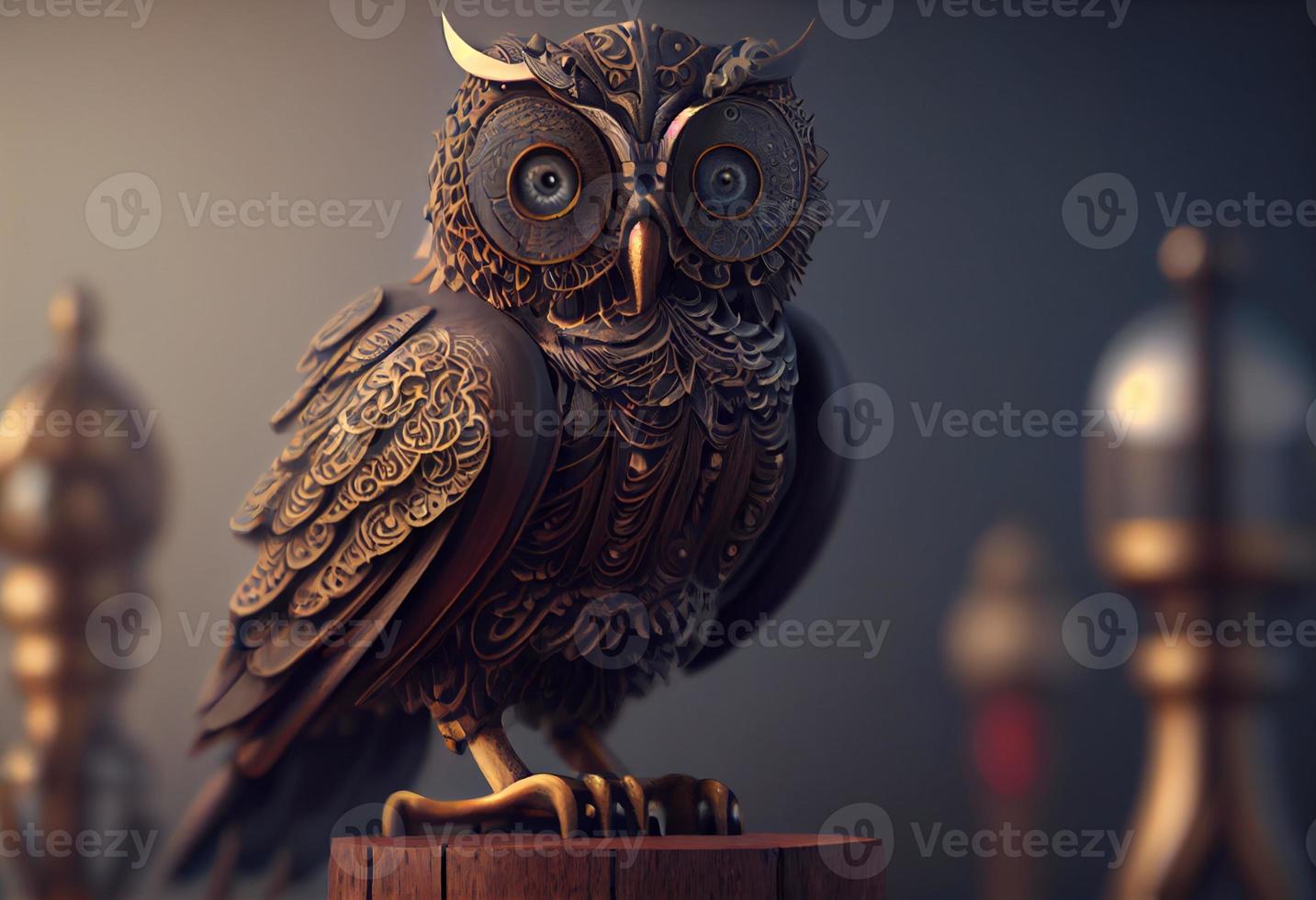 close-up of an owl statue sitting on top of a wooden table, a 3D rendering, kinetic art, steampunk. Generate Ai photo