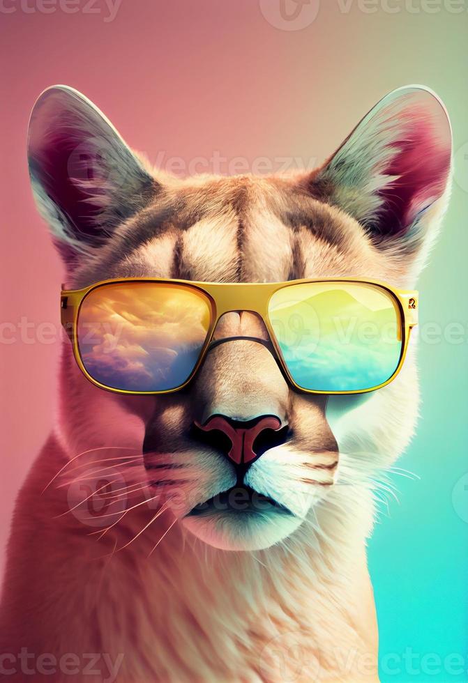 Creative animal composition. Puma wearing shades sunglass eyeglass ...