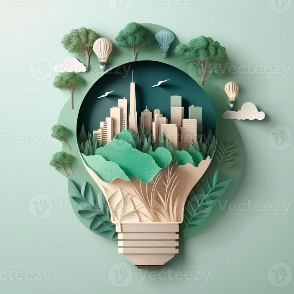 Paper art , renewable energy with green energy as wind turbines , Renewable energy by Carbon neutral energy , Energy consumption and CO2, Reduce CO2 emission concept. Generate Ai photo
