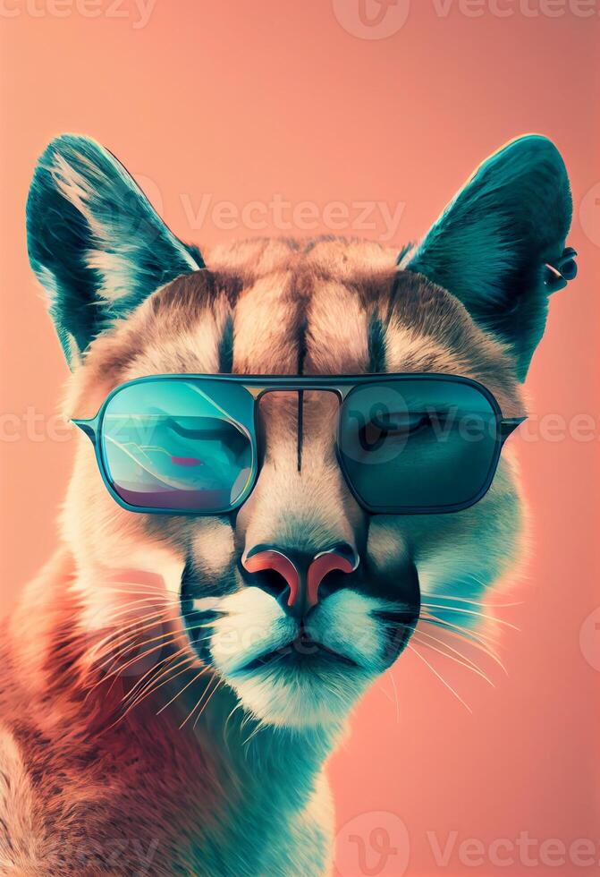 Creative animal composition. Puma wearing shades sunglass eyeglass ...