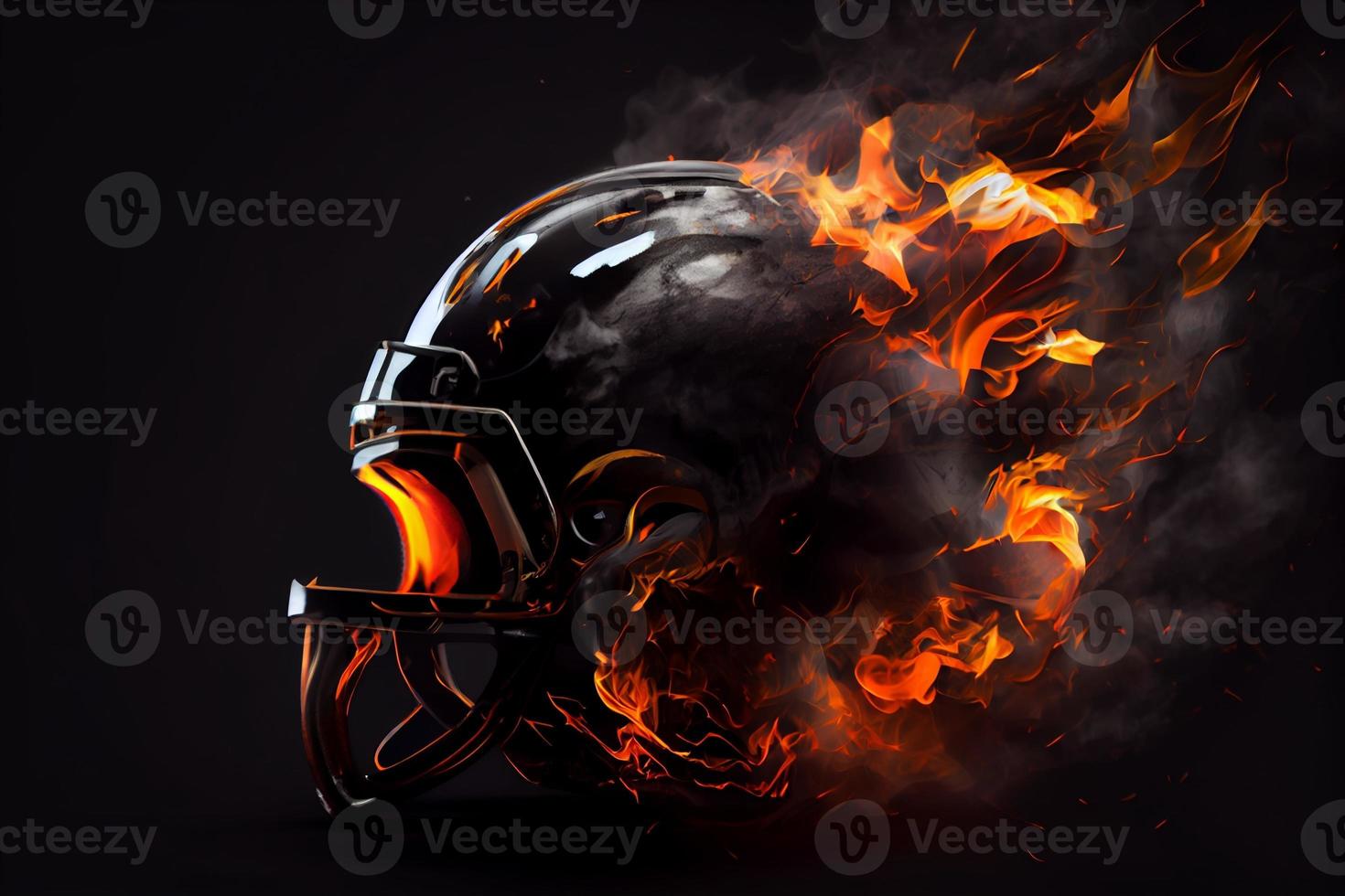 Football helmet on fire on black background. Generate Ai photo