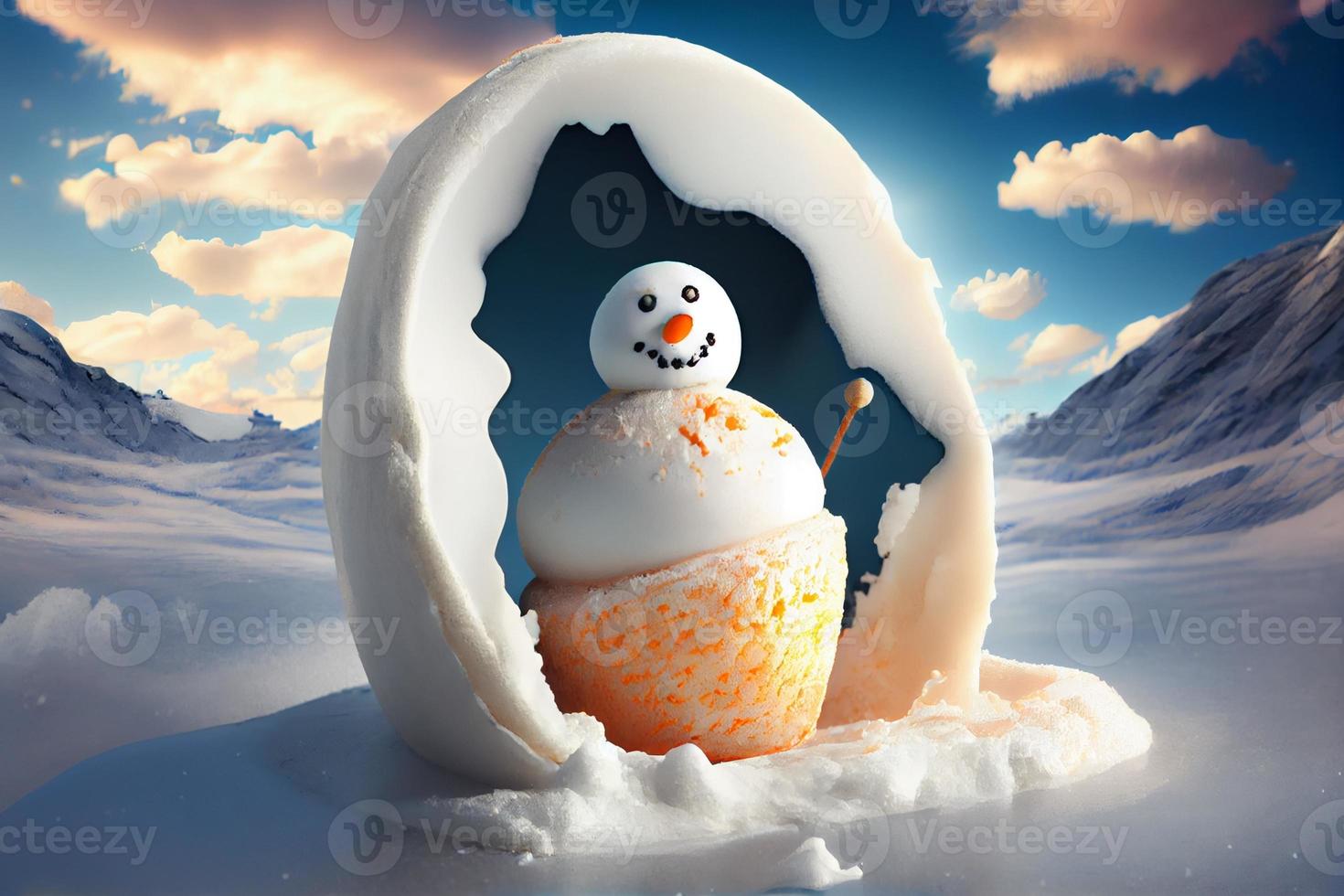 Snowman in an ice cream stone, chute winter-summer concept. Generate Ai photo