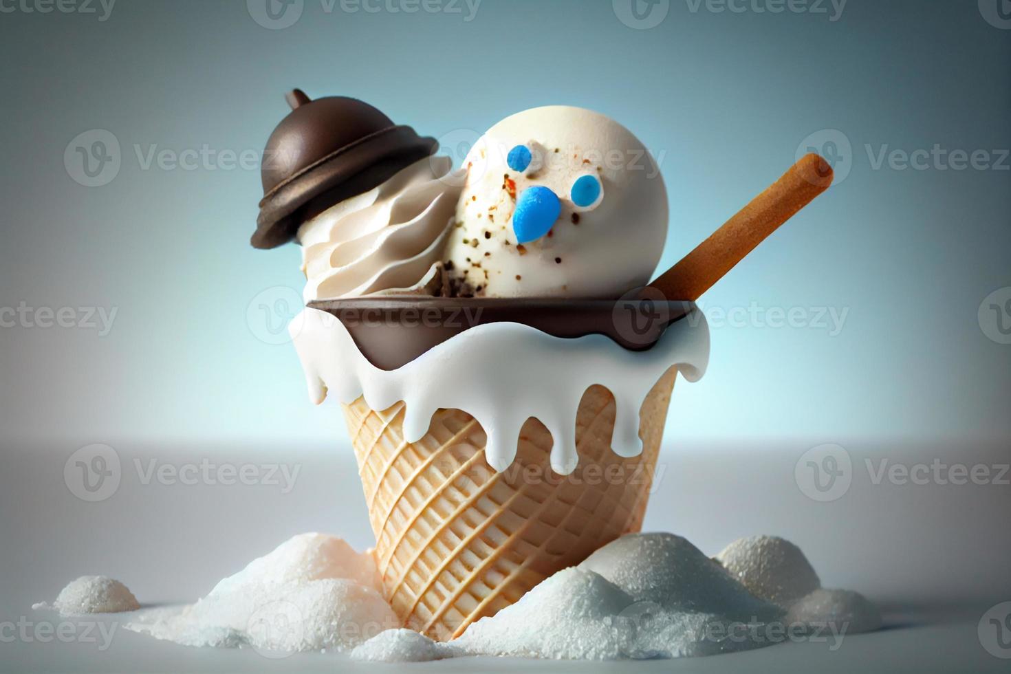 Ice cream in a waffle cup in the shape of a snowman. Generate Ai photo