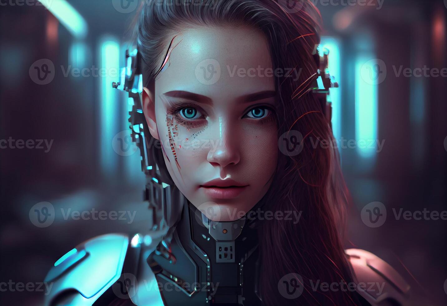 Artificial intelligence a humanoid cyber girl with Technology smart robot Ai. Generate Ai photo