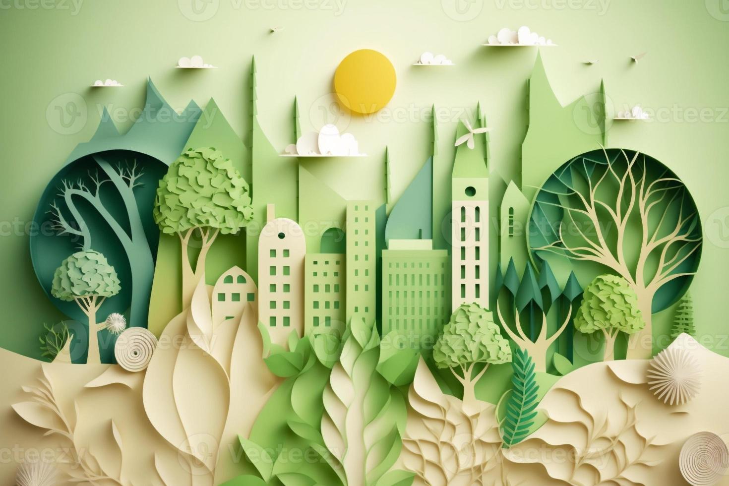 papel Arte estilo , papel cortar de eco ciudad diseño verde energía concepto y ambiente conservación. generar ai foto