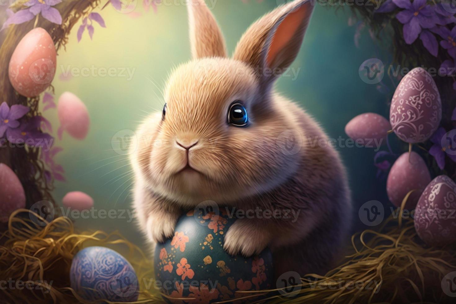 Cute bunny with Easter egg, colorful background. Generate Ai photo