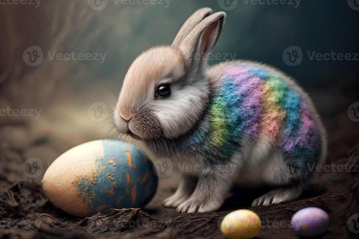 Cute Easter bunny with a colorful Easter egg. Generate Ai photo