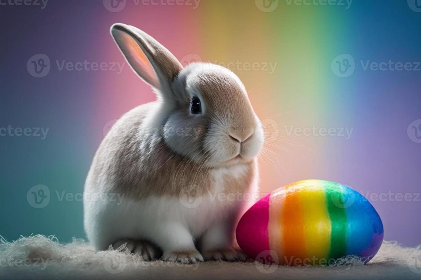 Cute bunny with Easter egg, colorful background. Generate Ai photo