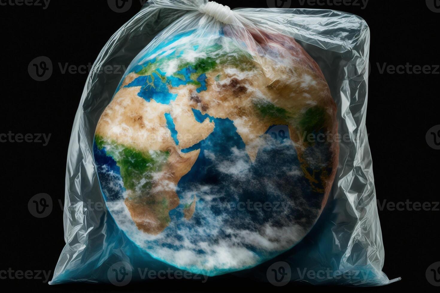 Planet Earth in a plastic bag. Environmental concept. Generate Ai photo