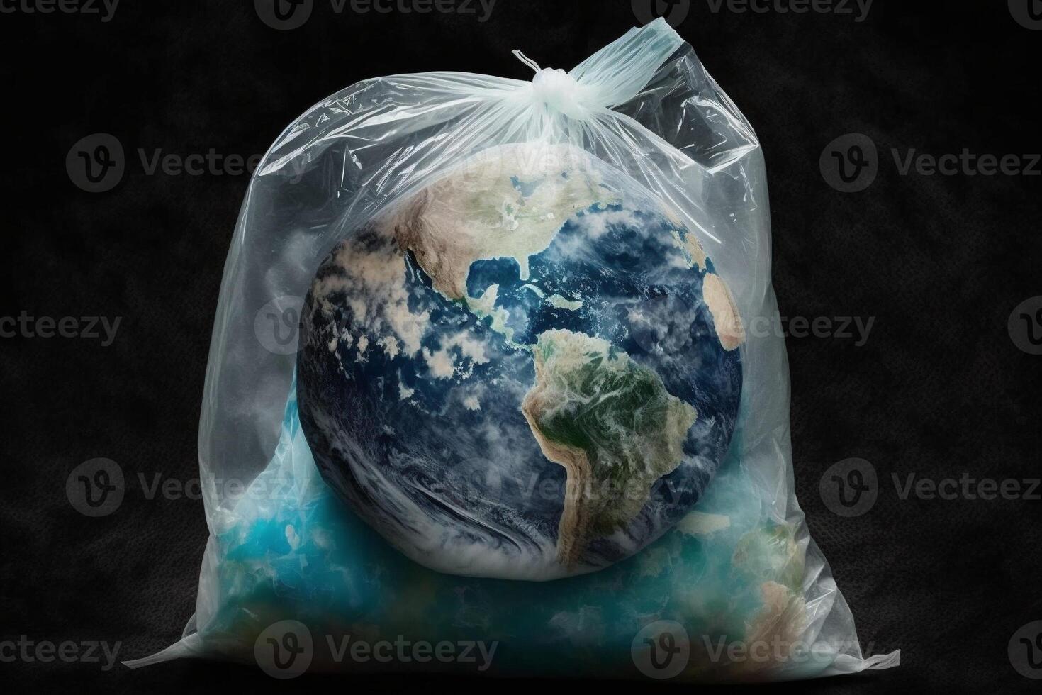 Planet Earth in a plastic bag. Environmental concept. Generate Ai photo