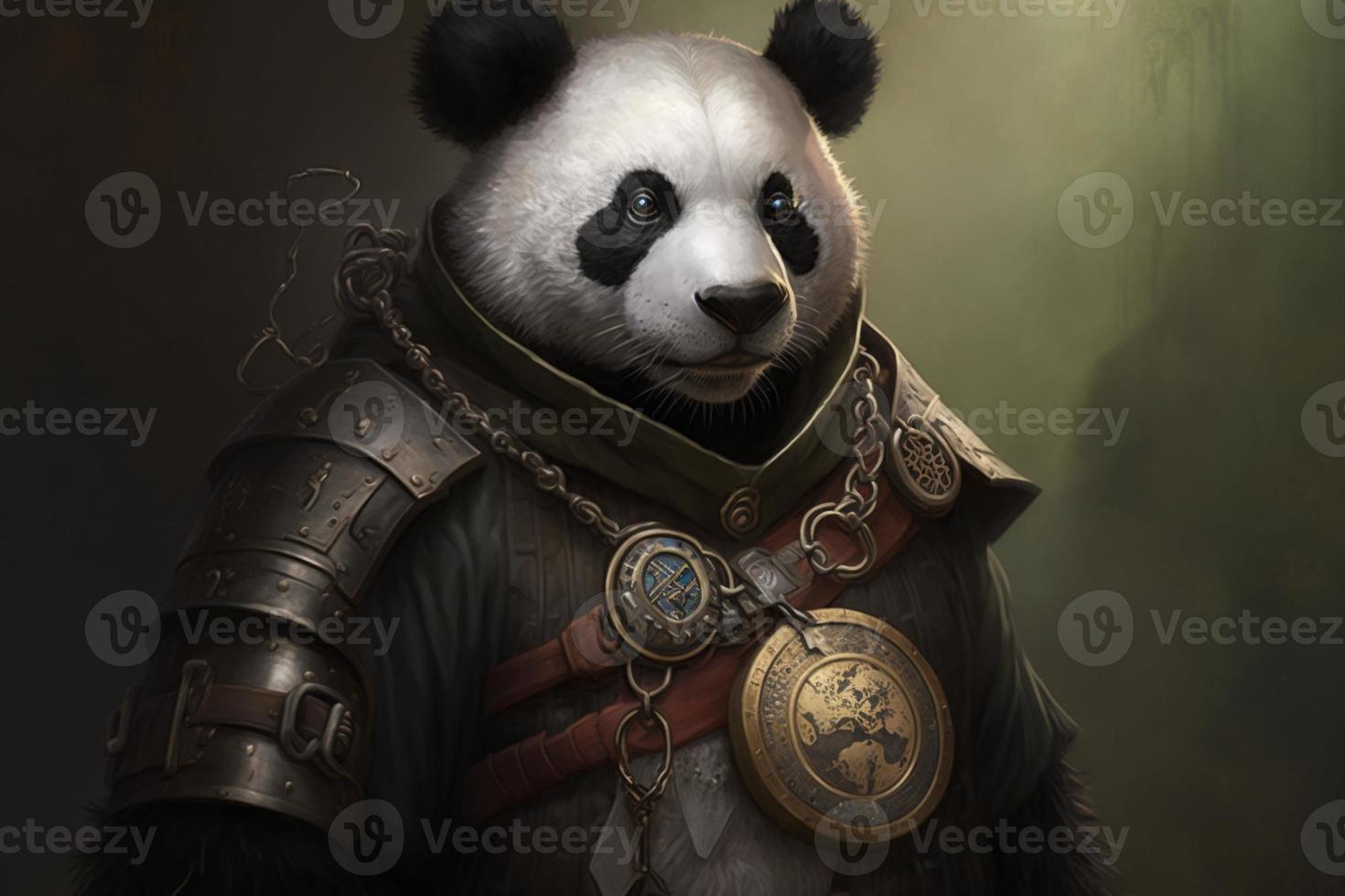 Panda with a steampunk watch lanyard around his neck, protecting a safe. Generate Ai photo
