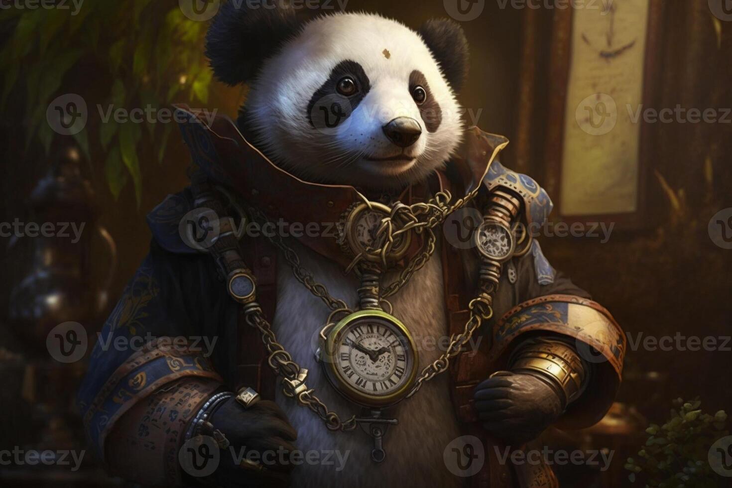 Panda with a steampunk watch lanyard around his neck, protecting a safe. Generate Ai photo