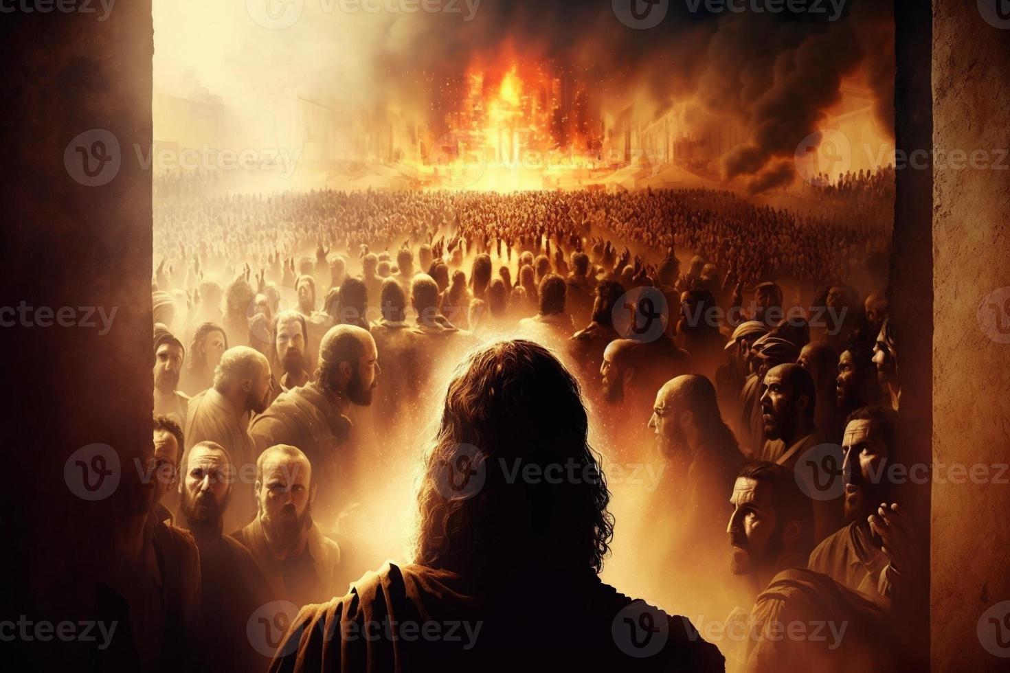 Revelation of Jesus Christ, new testament, religion of christianity, heaven and hell over the crowd of people, Jerusalem of the bible. Generate Ai photo