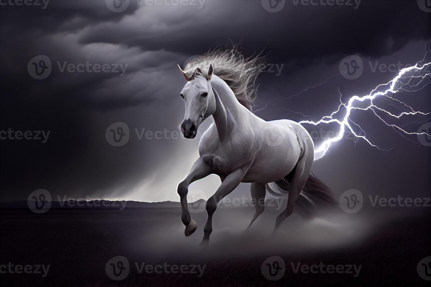 A white horse runs through dark storm clouds among lightning. Generate Ai photo