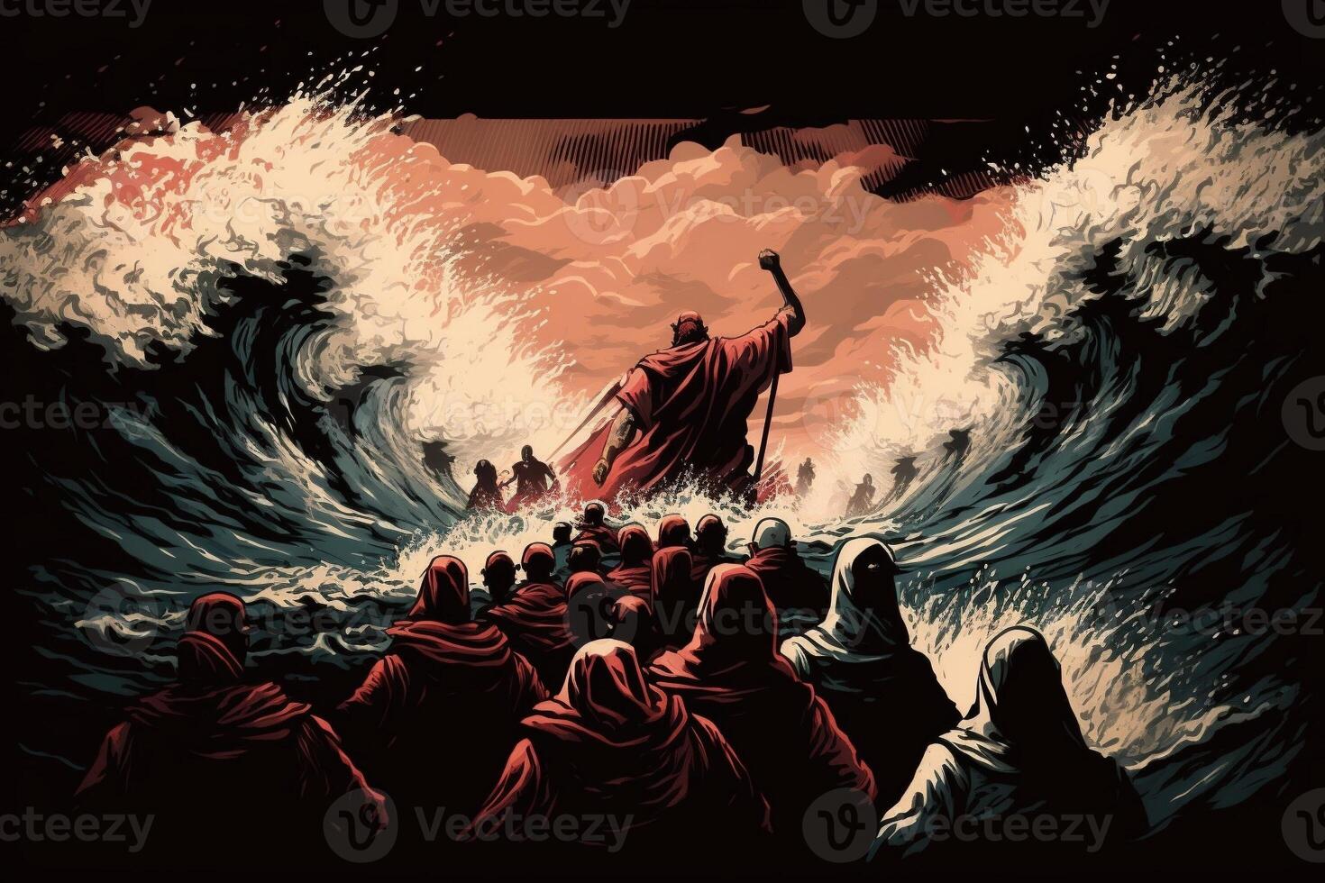 ilustración de el éxodo de el Biblia, Moisés cruce el rojo mar con el israelitas, escapar desde el egipcios generar ai foto