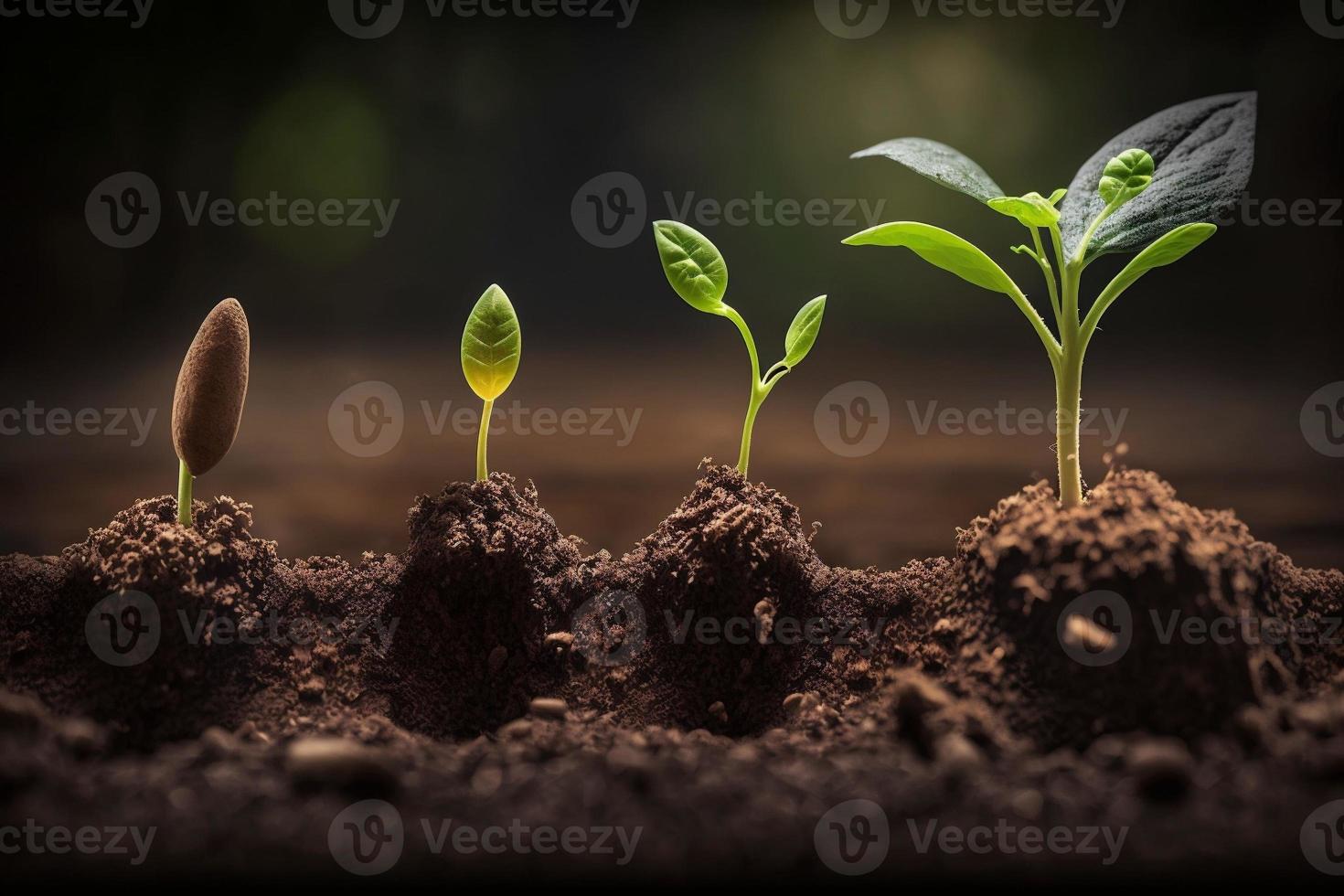 Seedlings growing from the ground , Germinating seeds of various , Growing plants and agriculture concept. Generate Ai photo