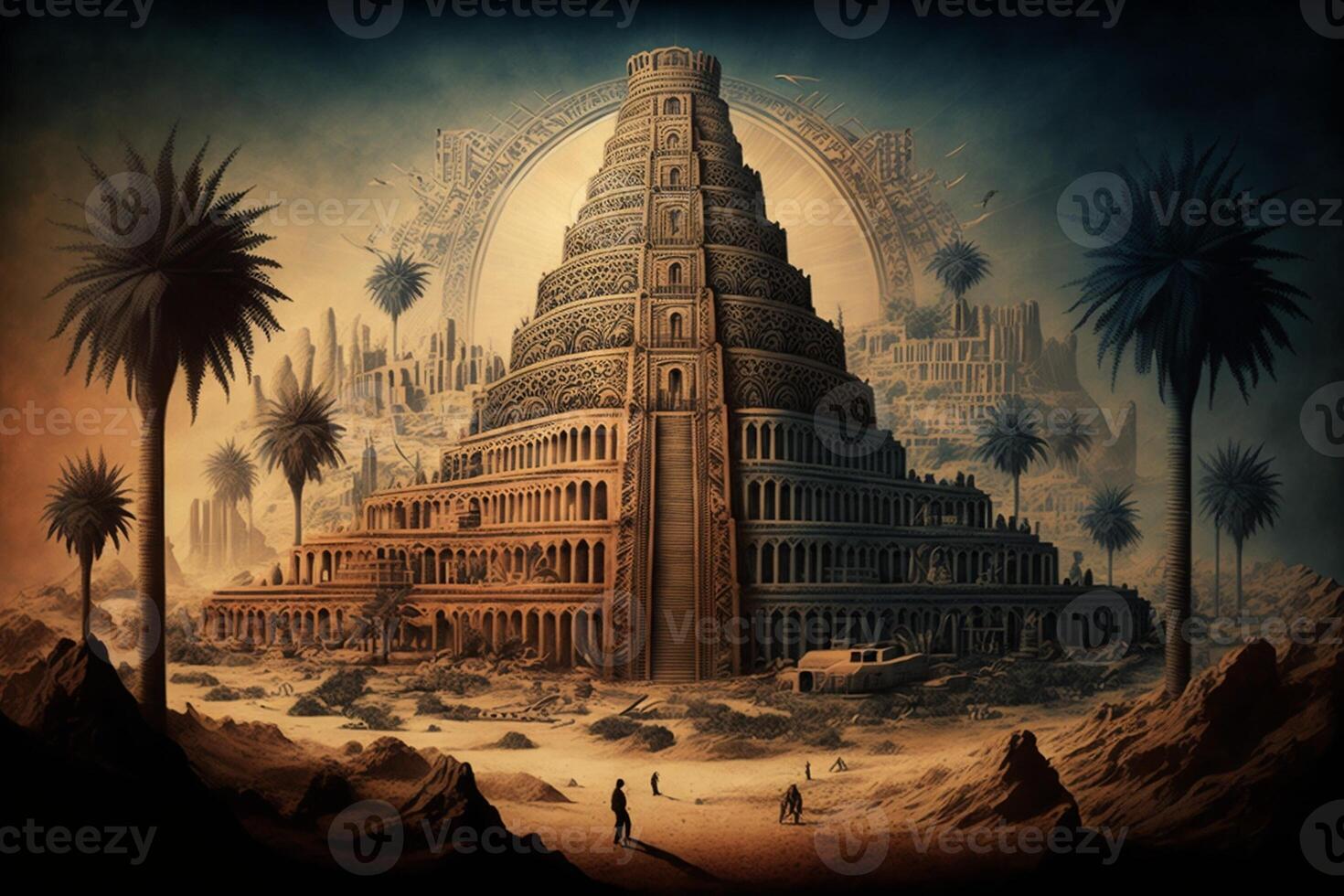 Ancient city of Babylon with the tower of Babel, bible and religion, new testament, speech in different languages. Generate Ai photo