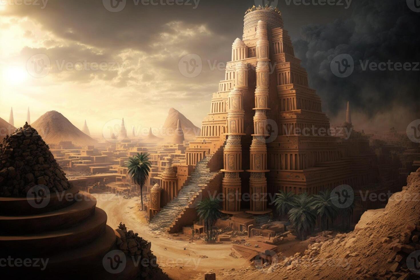 Ancient city of Babylon with the tower of Babel, bible and religion, new testament, speech in different languages. Generate Ai photo