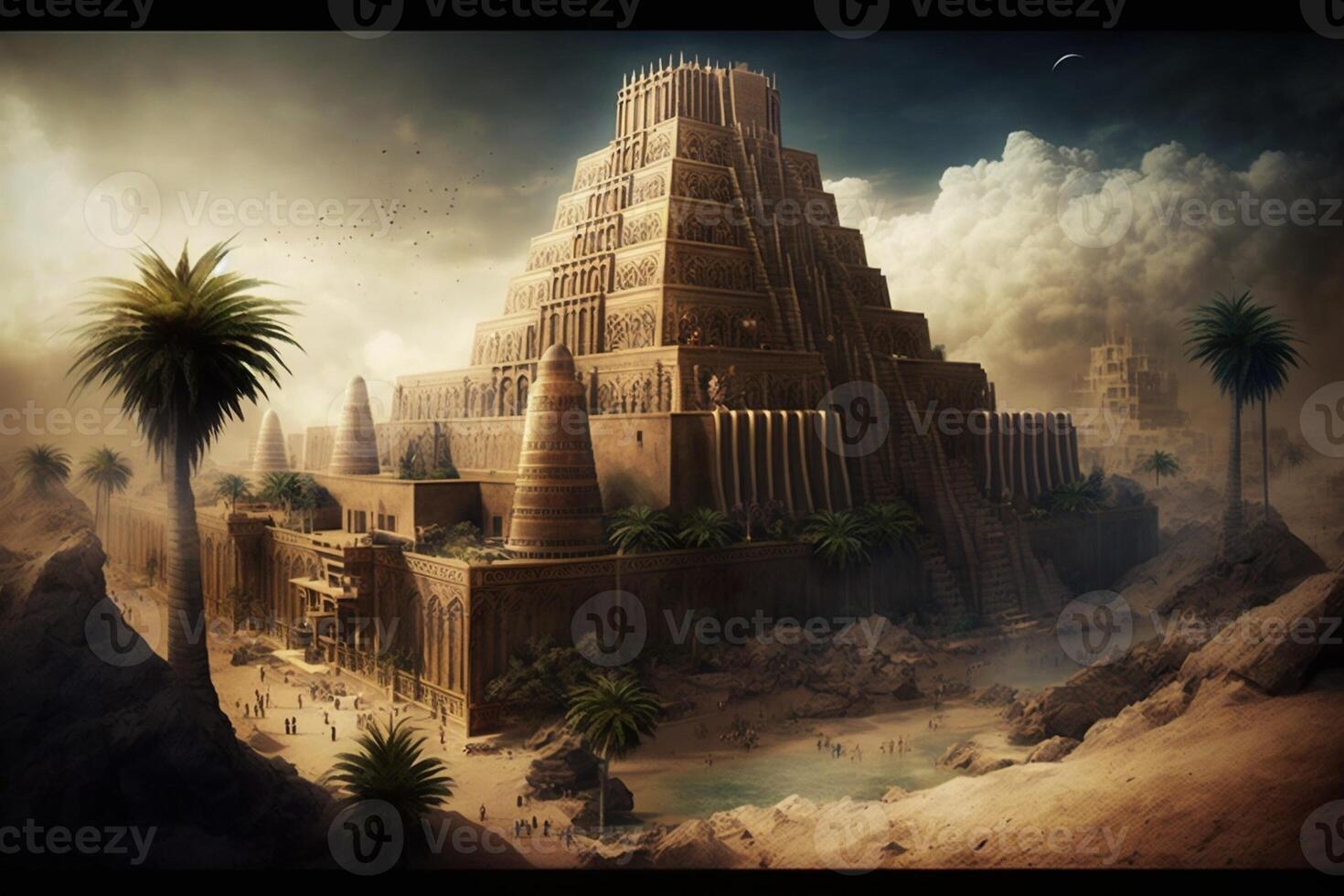 Ancient city of Babylon with the tower of Babel, bible and religion, new testament, speech in different languages. Generate Ai photo