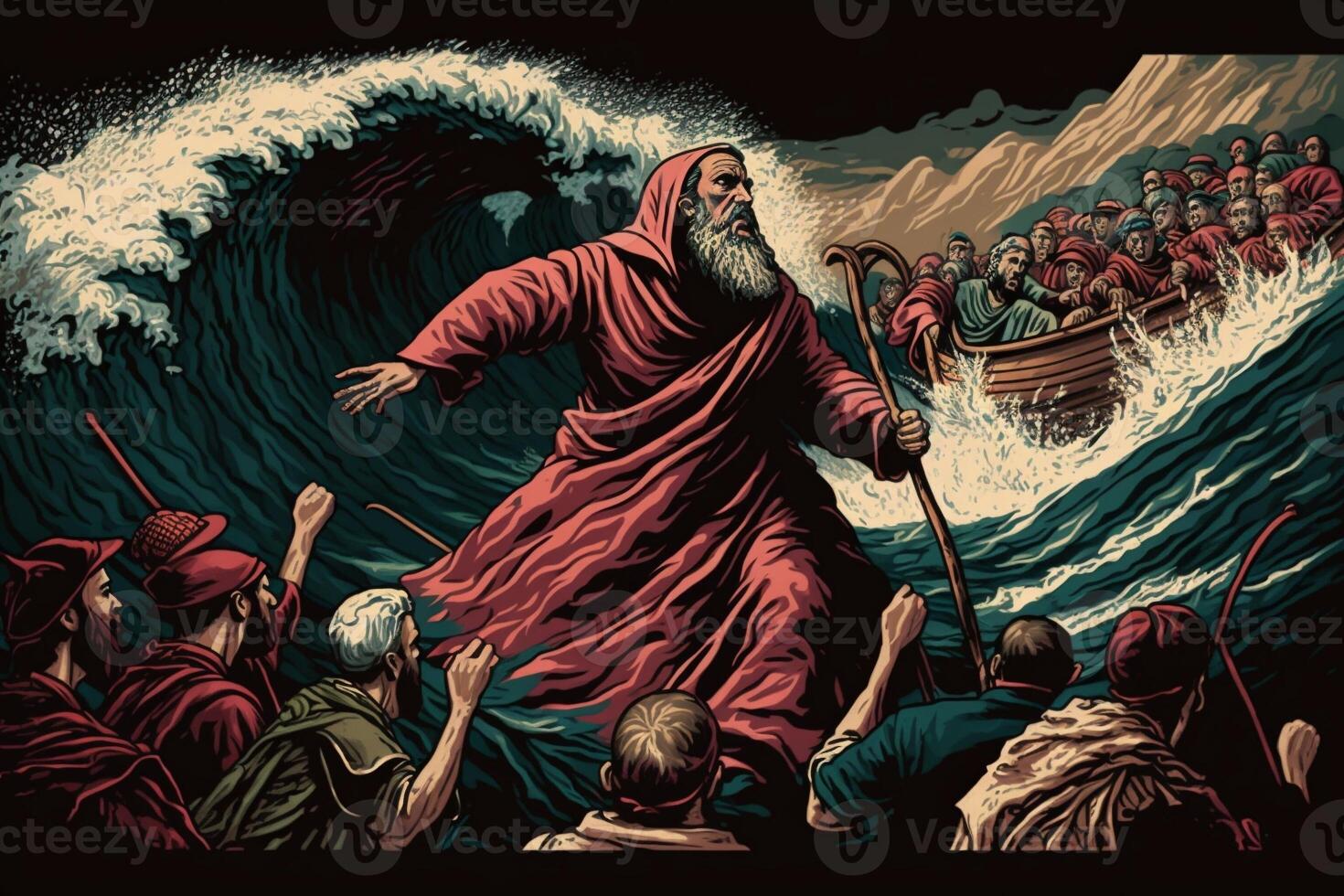 ilustración de el éxodo de el Biblia, Moisés cruce el rojo mar con el israelitas, escapar desde el egipcios generar ai foto