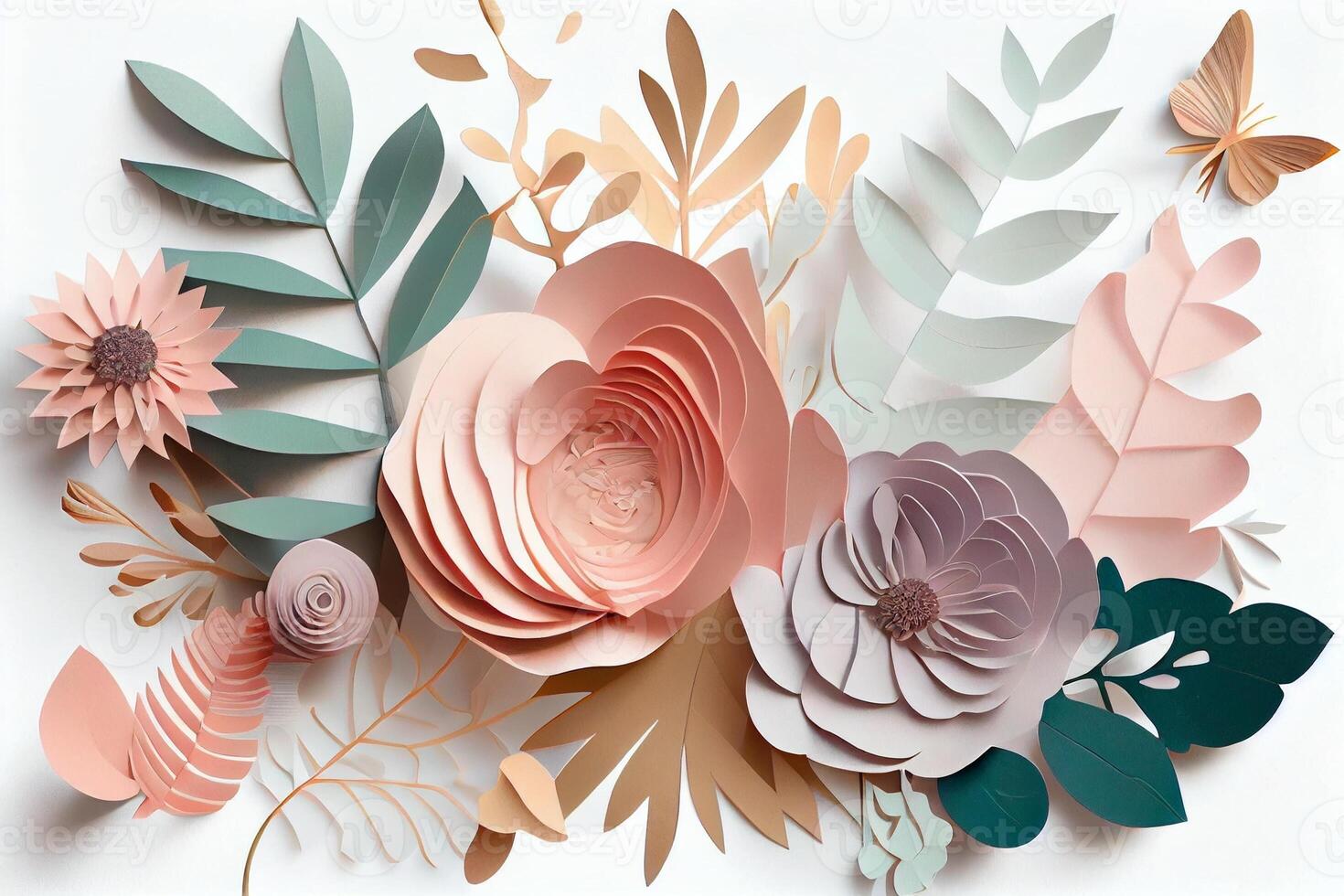 Abstract cut paper flowers isolated on white, botanical background, festive floral arrangement. Rose, daisy, dahlia, butterfly and leaves in pastel color palette. Simple modern wall decor. Generate Ai photo