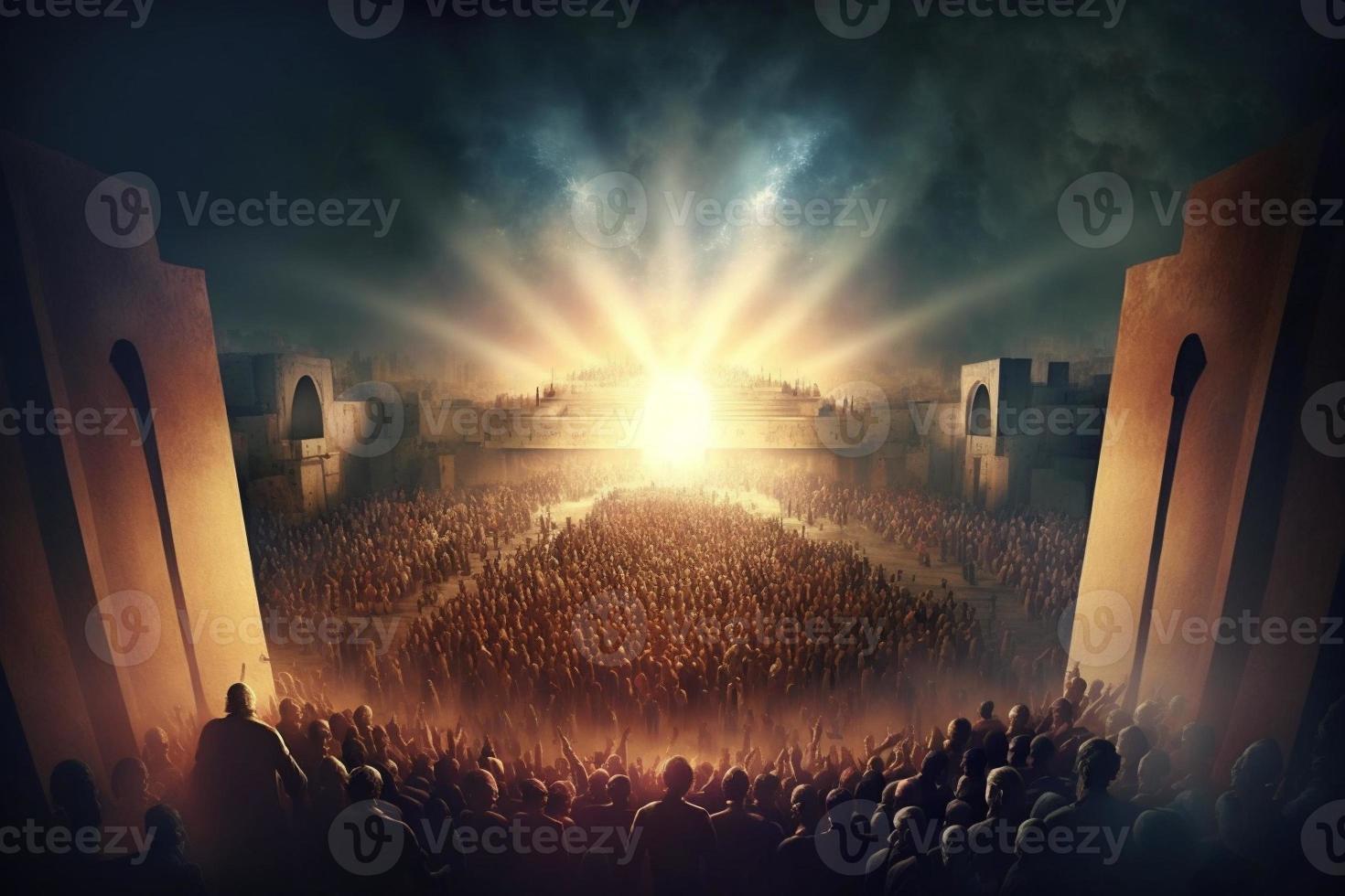 Revelation of Jesus Christ, new testament, religion of christianity, heaven and hell over the crowd of people, Jerusalem of the bible. Generate Ai photo