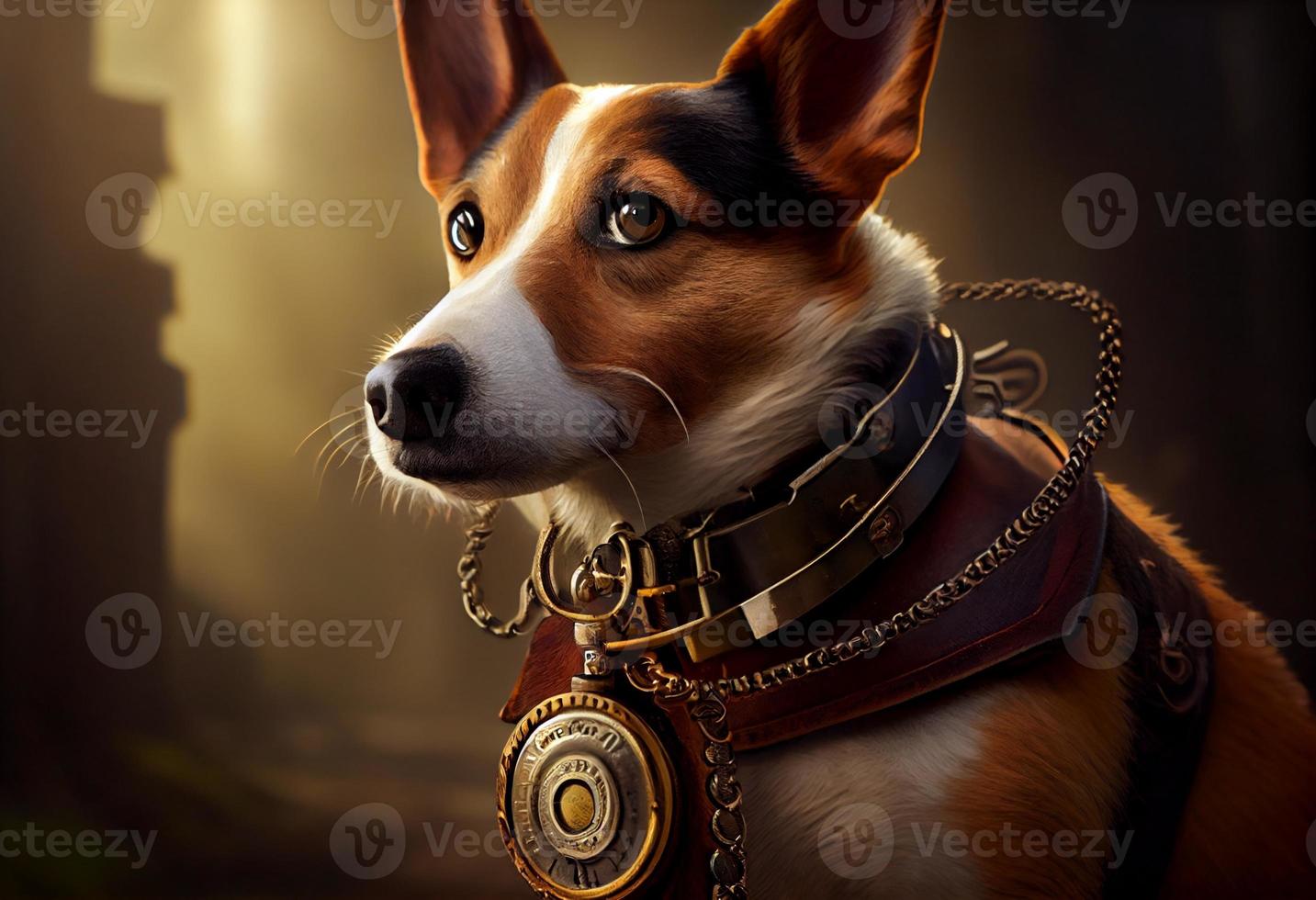 dog with a steampunk watch lanyard around his neck protecting a safe. Generate Ai photo