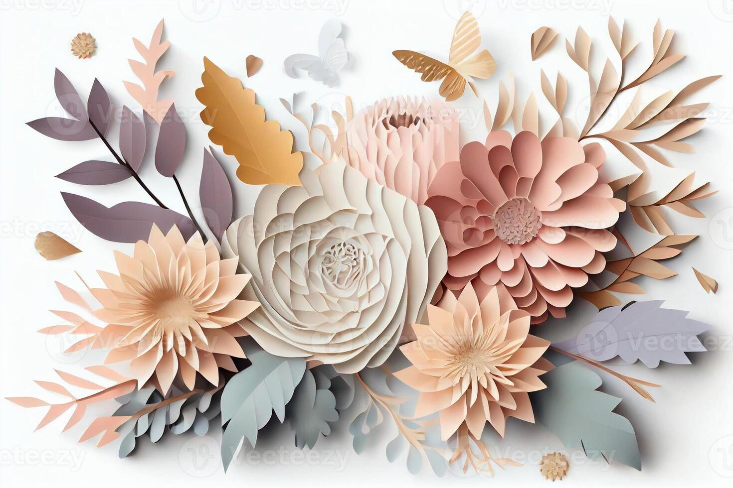 Abstract cut paper flowers isolated on white, botanical background, festive floral arrangement. Rose, daisy, dahlia, butterfly and leaves in pastel color palette. Simple modern wall decor. Generate Ai photo