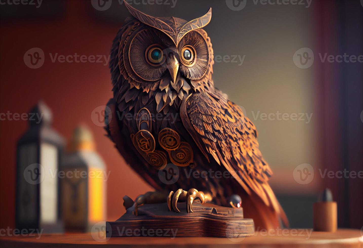 close-up of an owl statue sitting on top of a wooden table, a 3D rendering, kinetic art, steampunk. Generate Ai photo