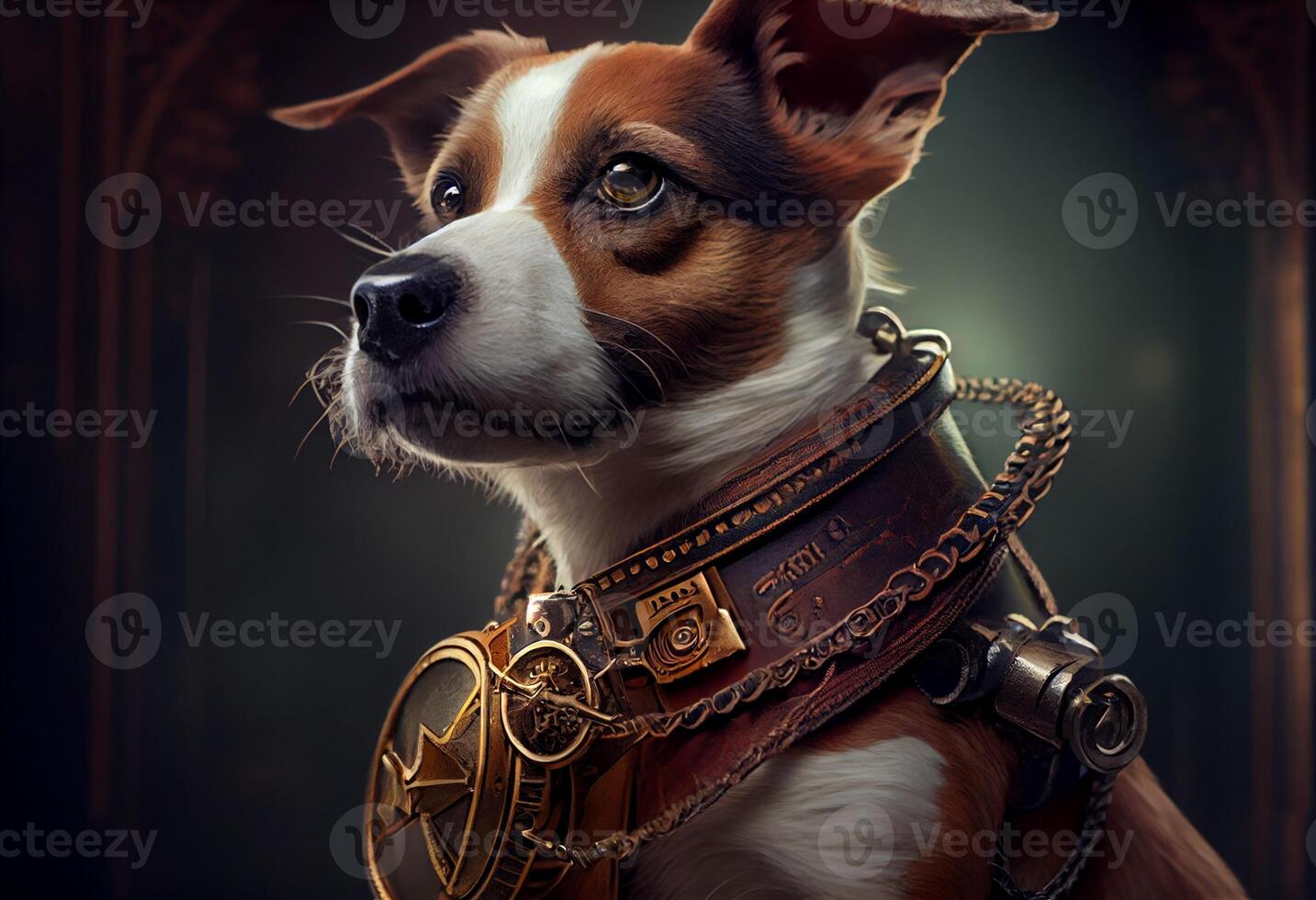 dog with a steampunk watch lanyard around his neck protecting a safe. Generate Ai photo