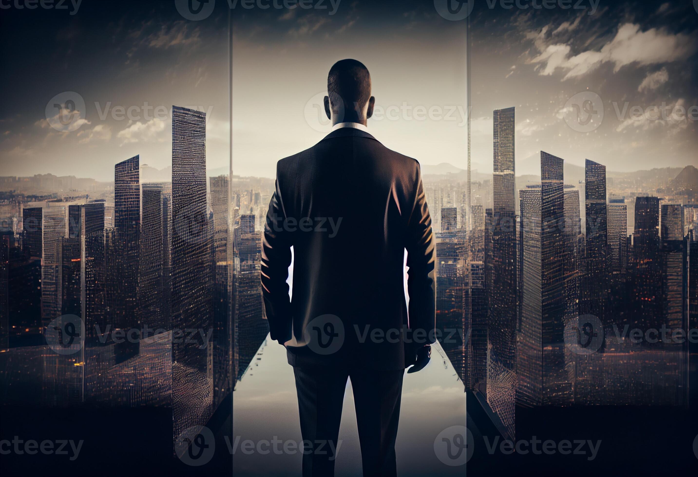 Business man standing back with cityscape in office skyscraper